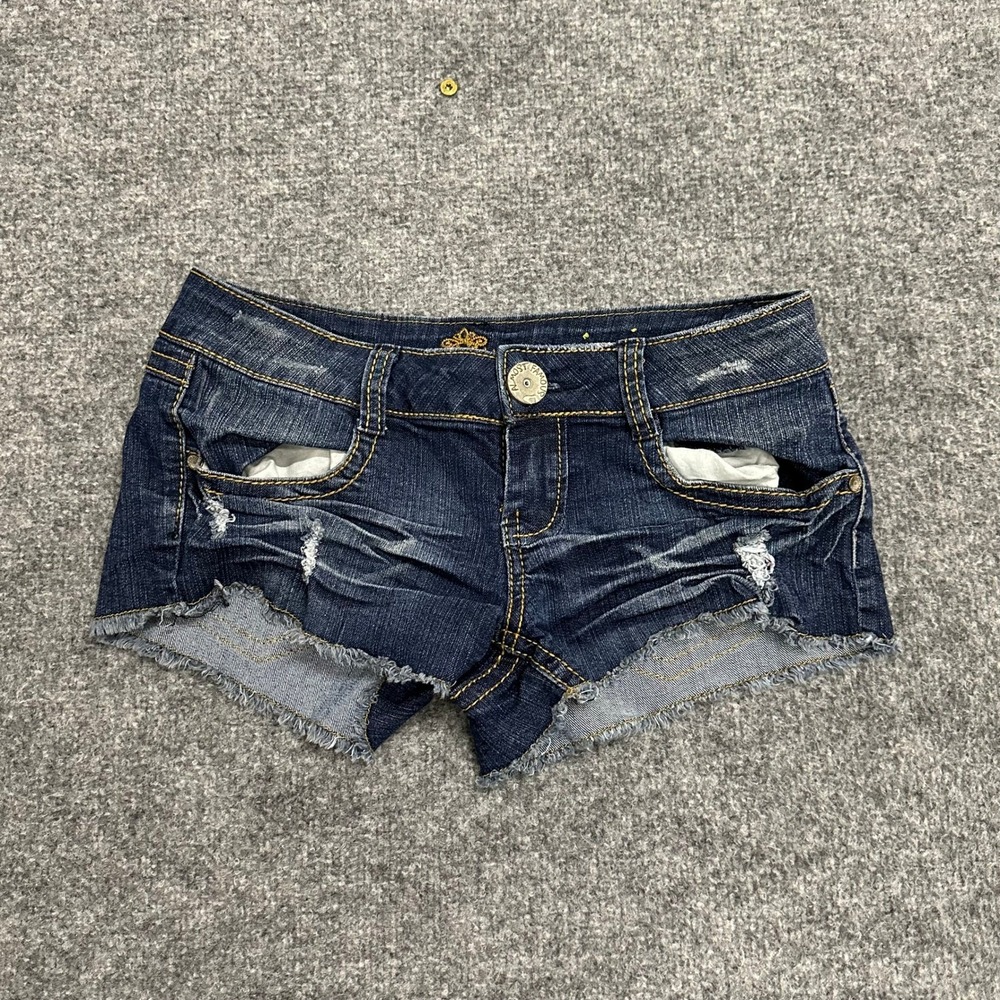 Almost Famous Denim Shorts Womens Size 7 Dark Wash Distressed Raw Hem Cutoff Low